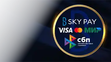 Изображение популярных платежных логотипов, таких как Visa, Mastercard и МИР, а также Sky Pay, подчеркивающее гибкость платежей в Lev казино.