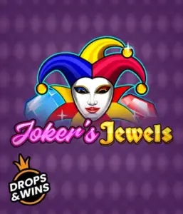 Experience the vibrant ambiance of Joker's Jewels slot by Pragmatic Play, showcasing a charming joker's mask embellished with a vivid jester hat. This image evokes the fun and excitement of traditional joker games, set against a purple background. Perfect for casino game enthusiasts, delivering a thrilling adventure. 